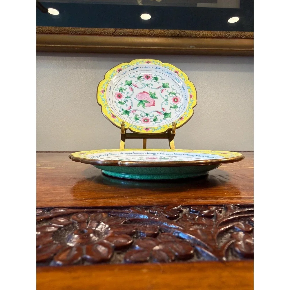 Pair Vintage Chinese Canton Enamel Copper Plates Peach Floral 6